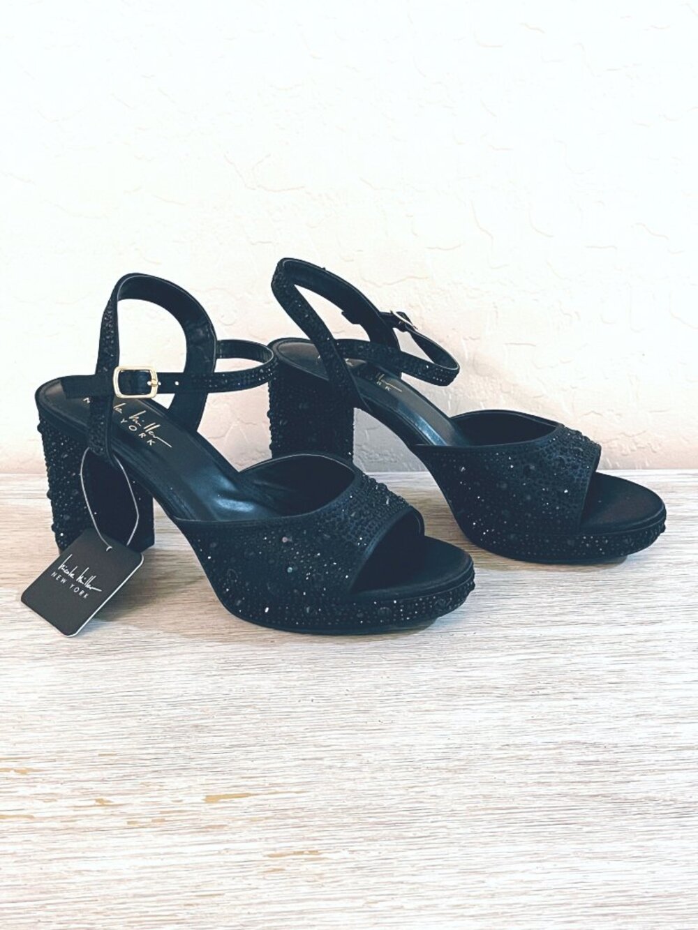 New Nicole Miller Sandals Skelly Platform Block Heel Black Rhinestones 6.5